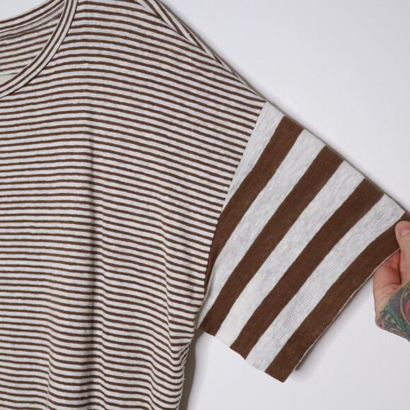 MAXMARA Leisure Striped Linen Blend Knit T-Shirt Short Sleeve in Brown Women's L - Picture 4 of 8